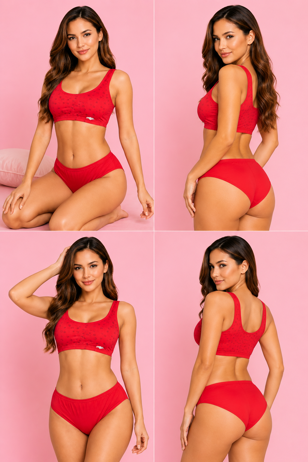 Women's Soft Wireless Bra & Panty Set – Red Comfortable Everyday Lingerie | Breathable Non-Padded Bra 32-36 Size