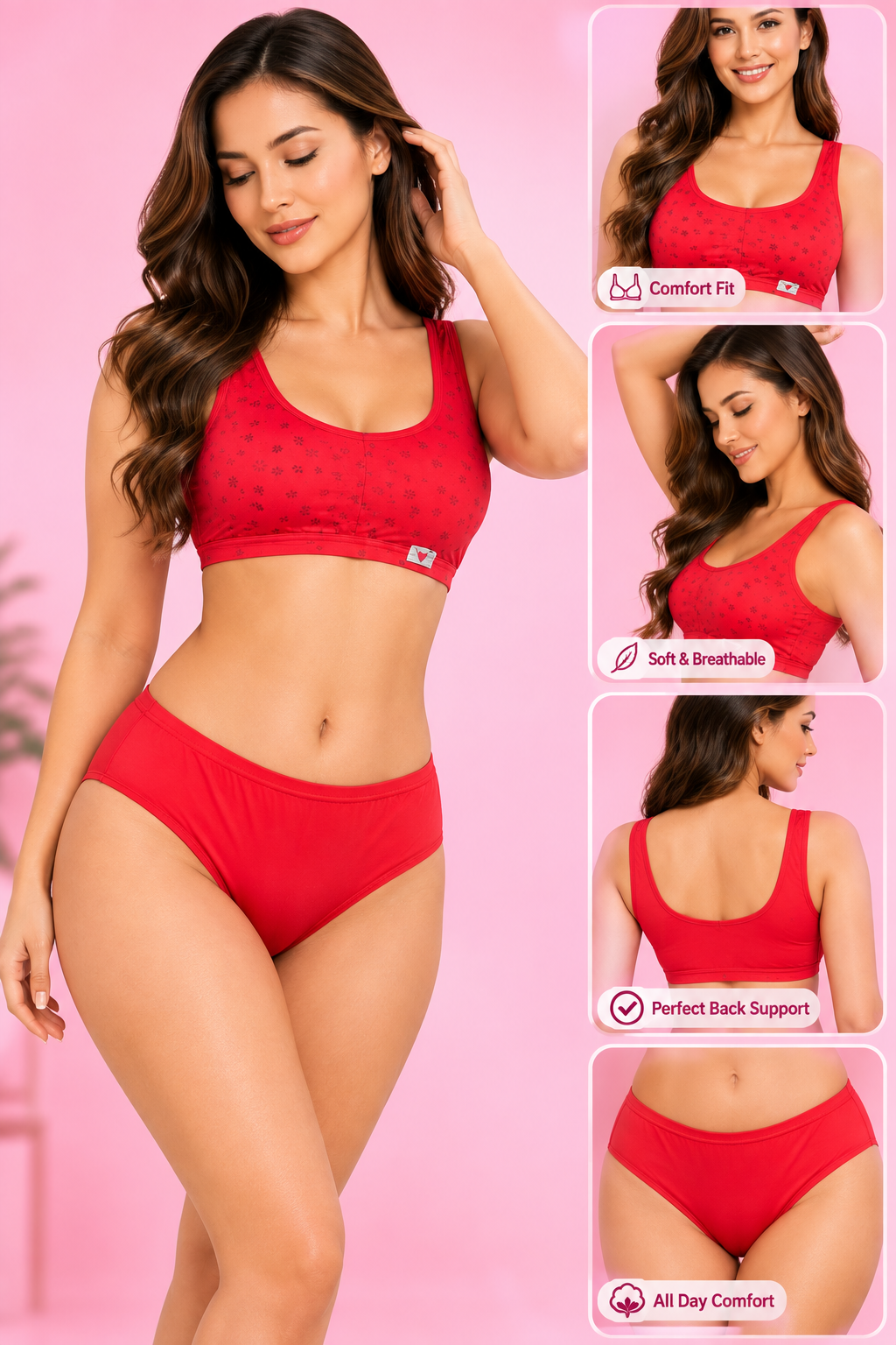 Women's Soft Wireless Bra & Panty Set – Red Comfortable Everyday Lingerie | Breathable Non-Padded Bra 32-36 Size