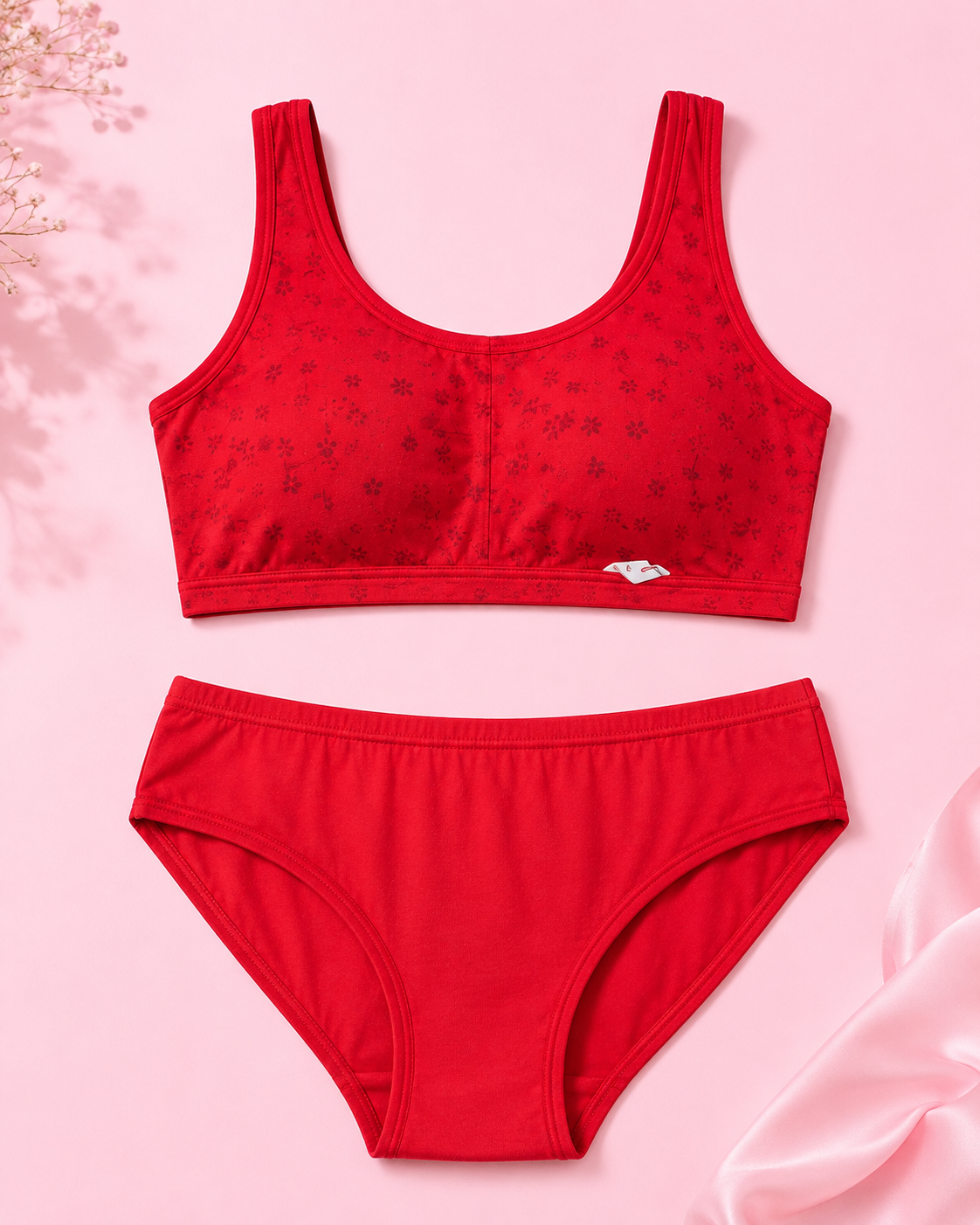 Women's Soft Wireless Bra & Panty Set – Red Comfortable Everyday Lingerie | Breathable Non-Padded Bra 32-36 Size