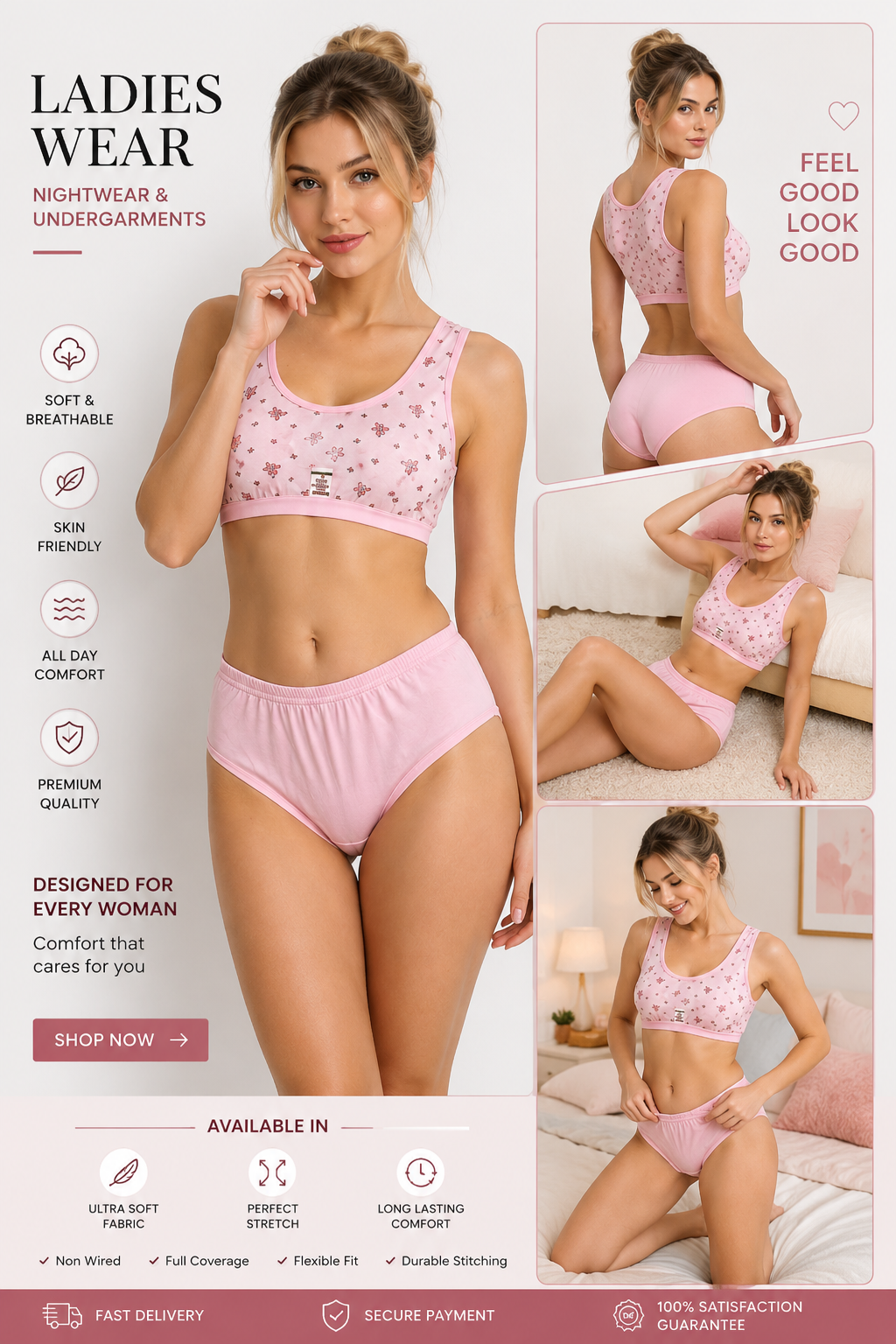 Women’s Non-Padded Floral  Bra & Brief Set – Soft Pink Everyday Comfort