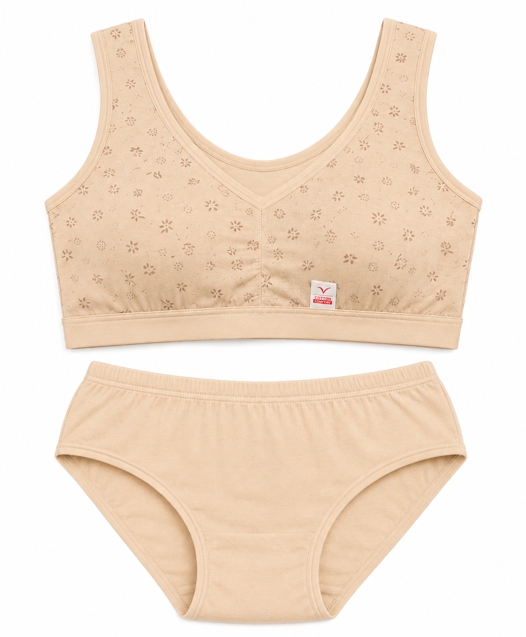 Women’s Beige Floral Wireless Bra & Panty Set – Soft Comfortable Everyday Lingerie