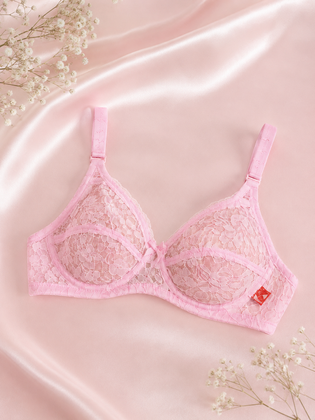 Women’s Pink Net Breathable Lace Bra – Non-Wired Full Coverage Comfort Breathable Bra